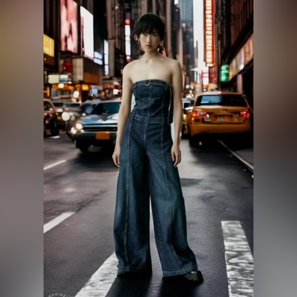 Zara STRAPLESS TRF DENIM JUMPSUIT. Navy Blue. Size M. New with Tags. - Picture 7 of 14